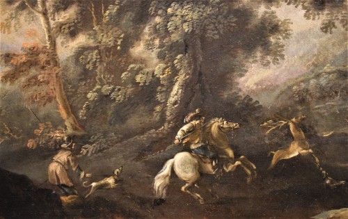 Tableaux et dessins Tableaux XVIIe siècle - Pandolfo Reschi (1624 -1699) - Chasse au cerf dans un paysage boisé